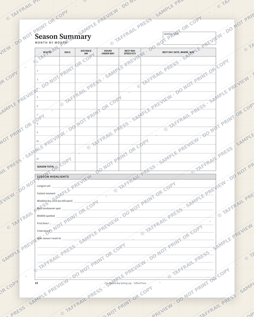 Chesapeake Bay Sailing Log — Interior preview 7: Season summary & totals (watermarked sample)
