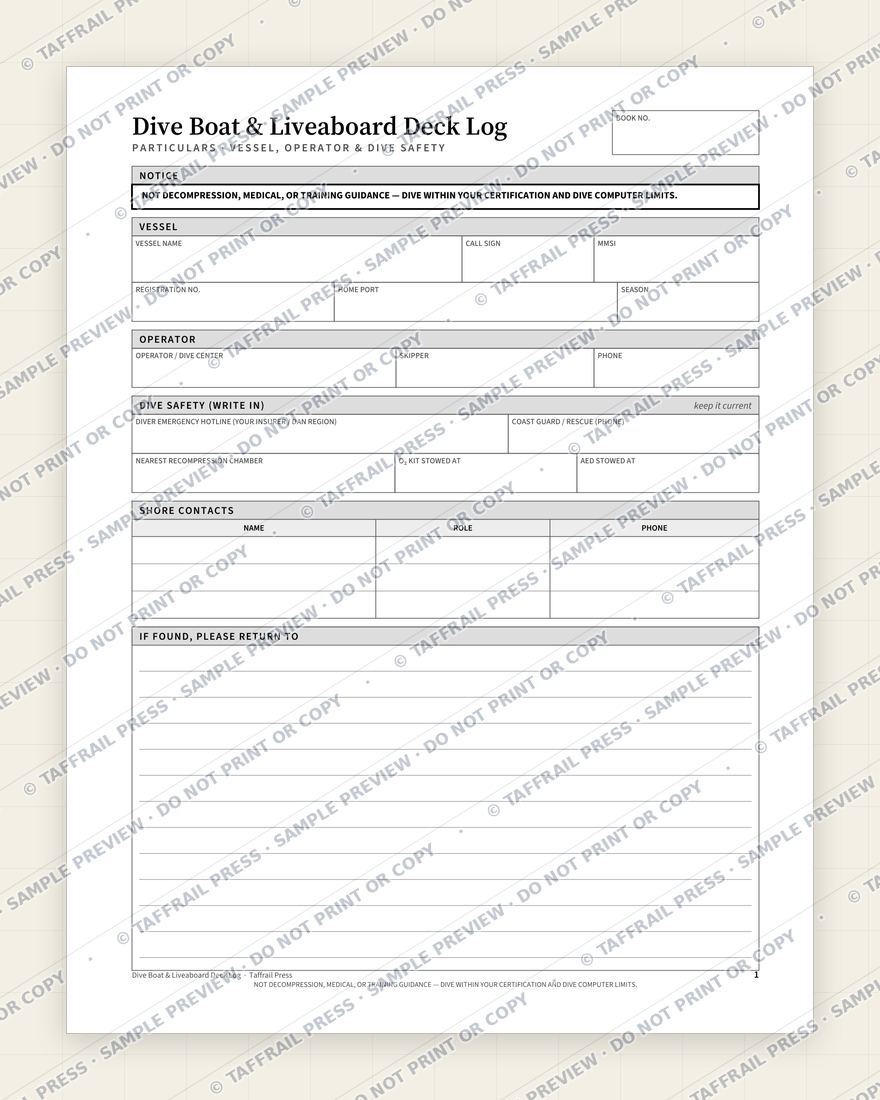 Dive Boat & Liveaboard Deck Log — Interior preview 1: Vessel & crew particulars (watermarked sample)