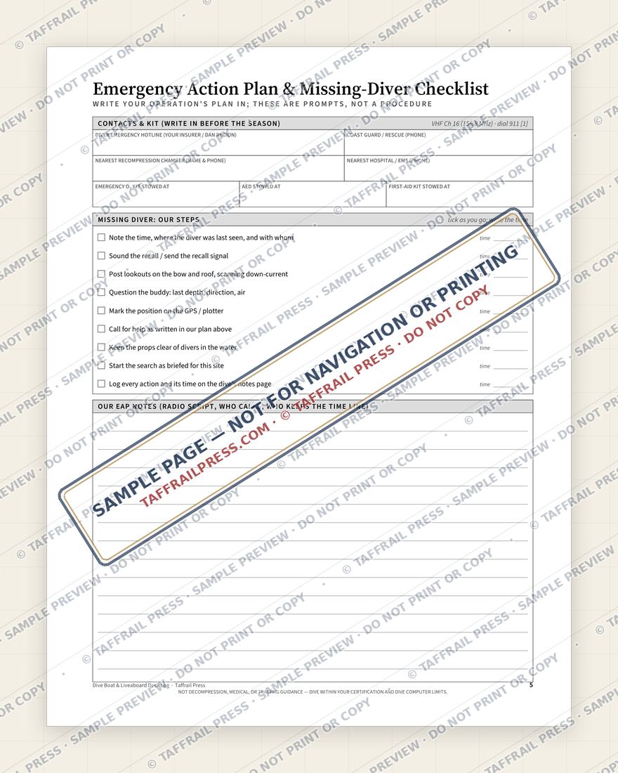 Dive Boat & Liveaboard Deck Log — Interior preview 3: Safety, emergency & pre-departure (watermarked sample)