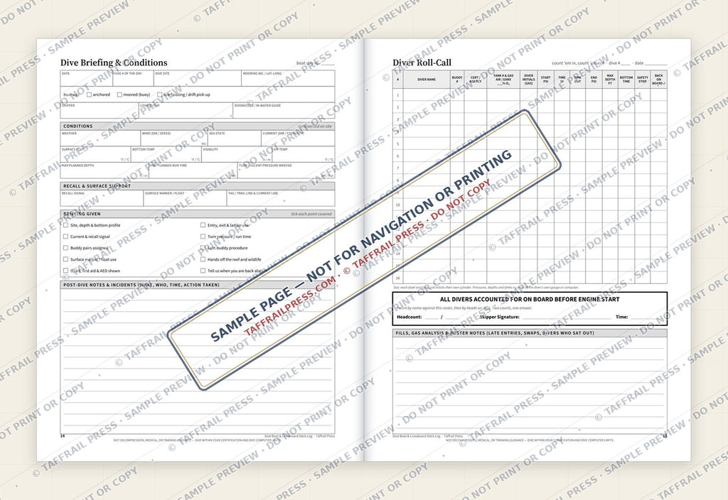 Dive Boat & Liveaboard Deck Log — Interior preview 4: Two-page open log spread (watermarked sample)