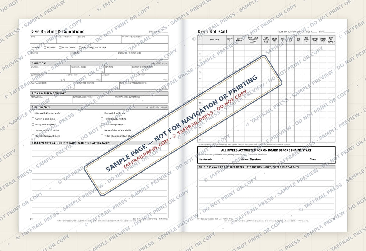 Dive Boat & Liveaboard Deck Log — Interior preview 4: Two-page open log spread (watermarked sample)