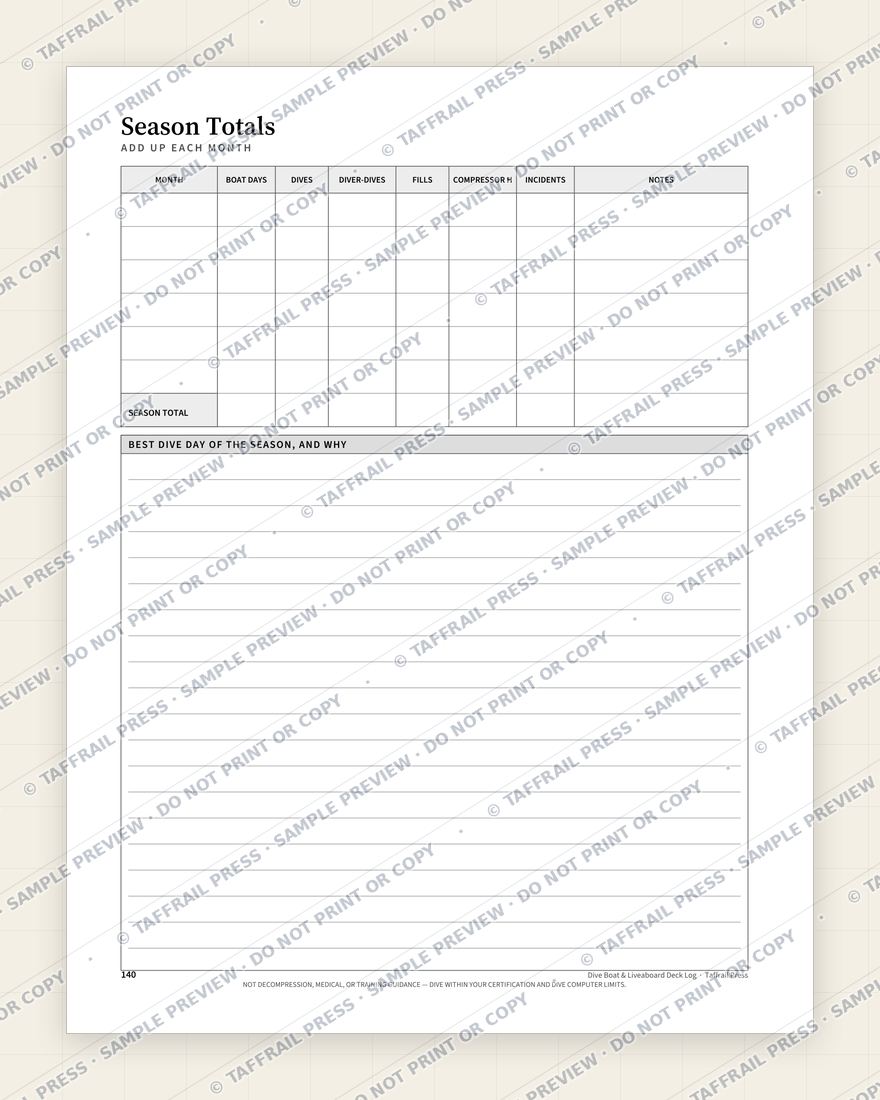 Dive Boat & Liveaboard Deck Log — Interior preview 7: Season summary & totals (watermarked sample)