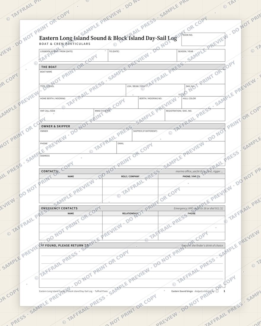 Eastern Long Island Sound & Block Island Day-Sail Log — Interior preview 1: Vessel & crew particulars (watermarked sample)