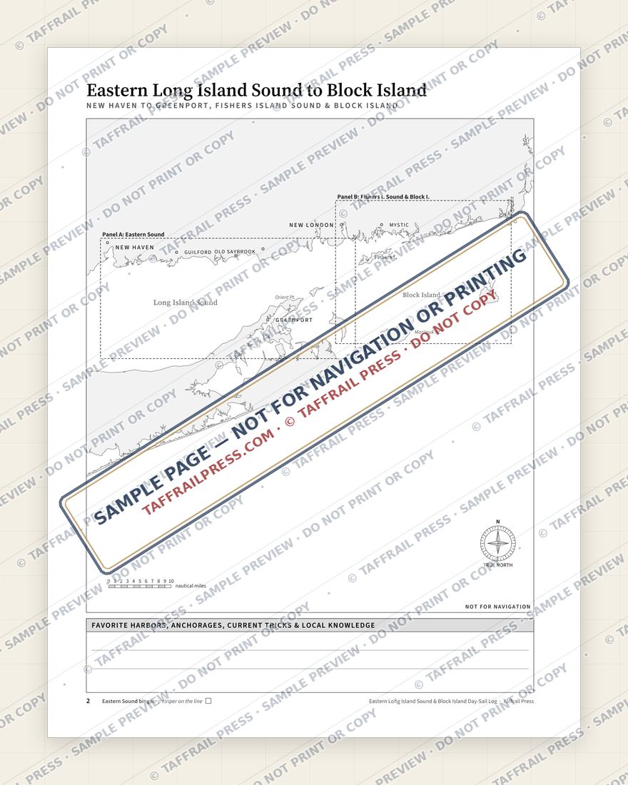 Eastern Long Island Sound & Block Island Day-Sail Log — Interior preview 2: Regional overview map & contents (watermarked sample)