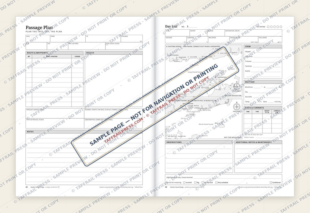 Eastern Long Island Sound & Block Island Day-Sail Log — Interior preview 4: Two-page open log spread (watermarked sample)