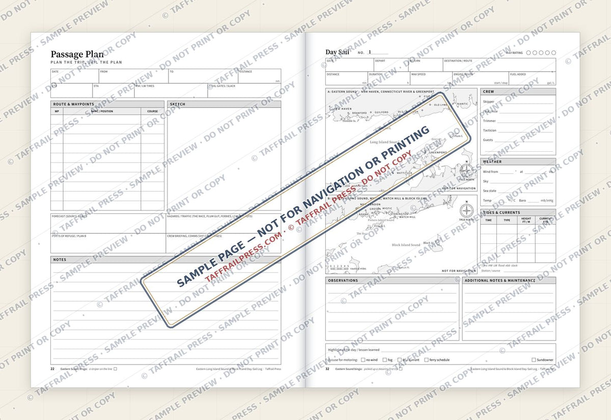 Eastern Long Island Sound & Block Island Day-Sail Log — Interior preview 4: Two-page open log spread (watermarked sample)