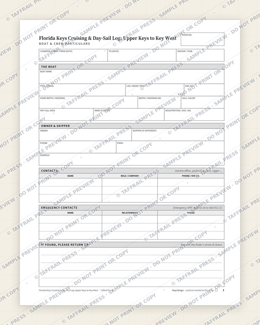 Florida Keys Cruising & Day-Sail Log: Upper Keys to Key West — Interior preview 1: Vessel & crew particulars (watermarked sample)