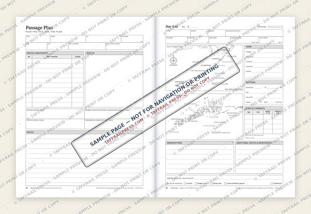 Florida Keys Cruising & Day-Sail Log: Upper Keys to Key West — Interior preview 4: Two-page open log spread (watermarked sample)