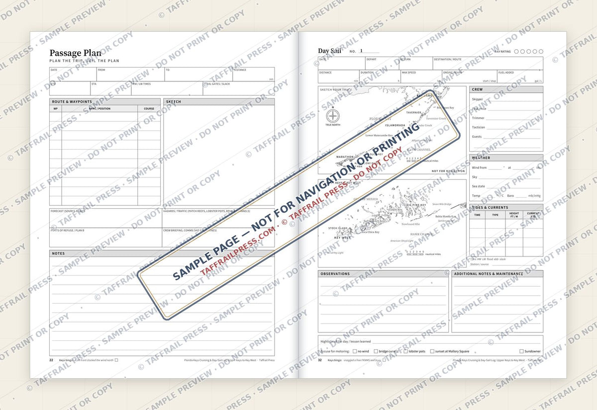 Florida Keys Cruising & Day-Sail Log: Upper Keys to Key West — Interior preview 4: Two-page open log spread (watermarked sample)