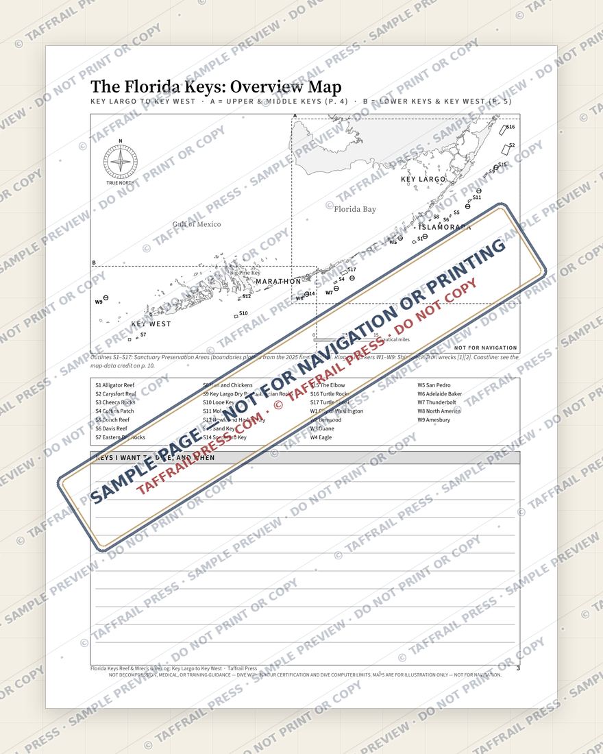 Florida Keys Reef & Wreck Dive Log: Key Largo to Key West — Interior preview 2: Regional overview map & contents (watermarked sample)
