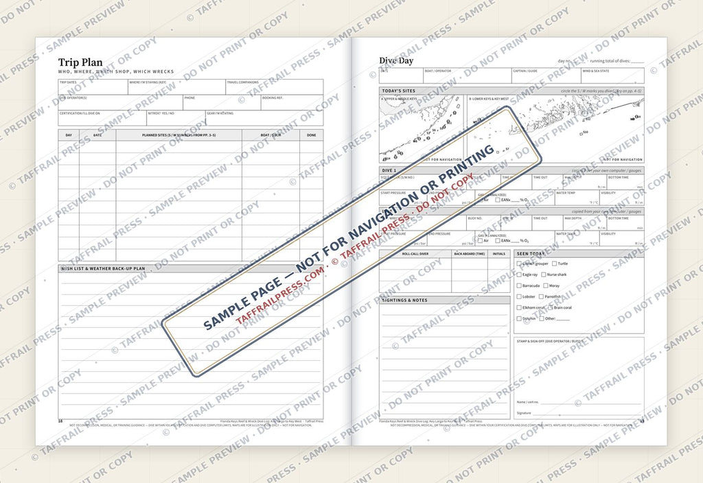 Florida Keys Reef & Wreck Dive Log: Key Largo to Key West — Interior preview 4: Two-page open log spread (watermarked sample)