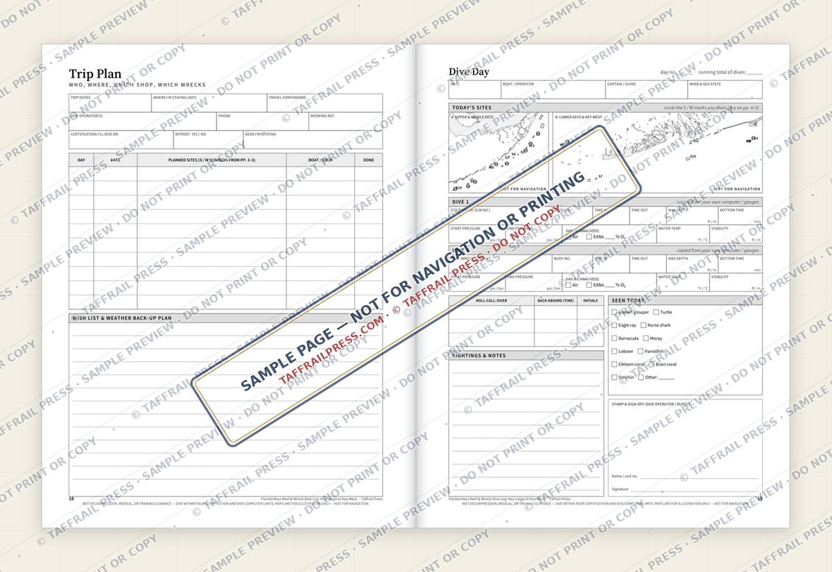 Florida Keys Reef & Wreck Dive Log: Key Largo to Key West — Interior preview 4: Two-page open log spread (watermarked sample)