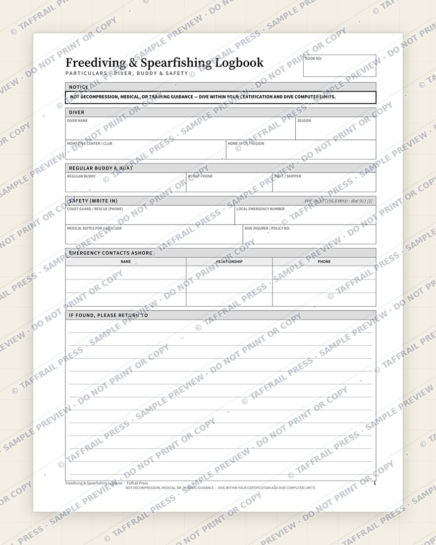 Freediving & Spearfishing Logbook — Interior preview 1: Vessel & crew particulars (watermarked sample)