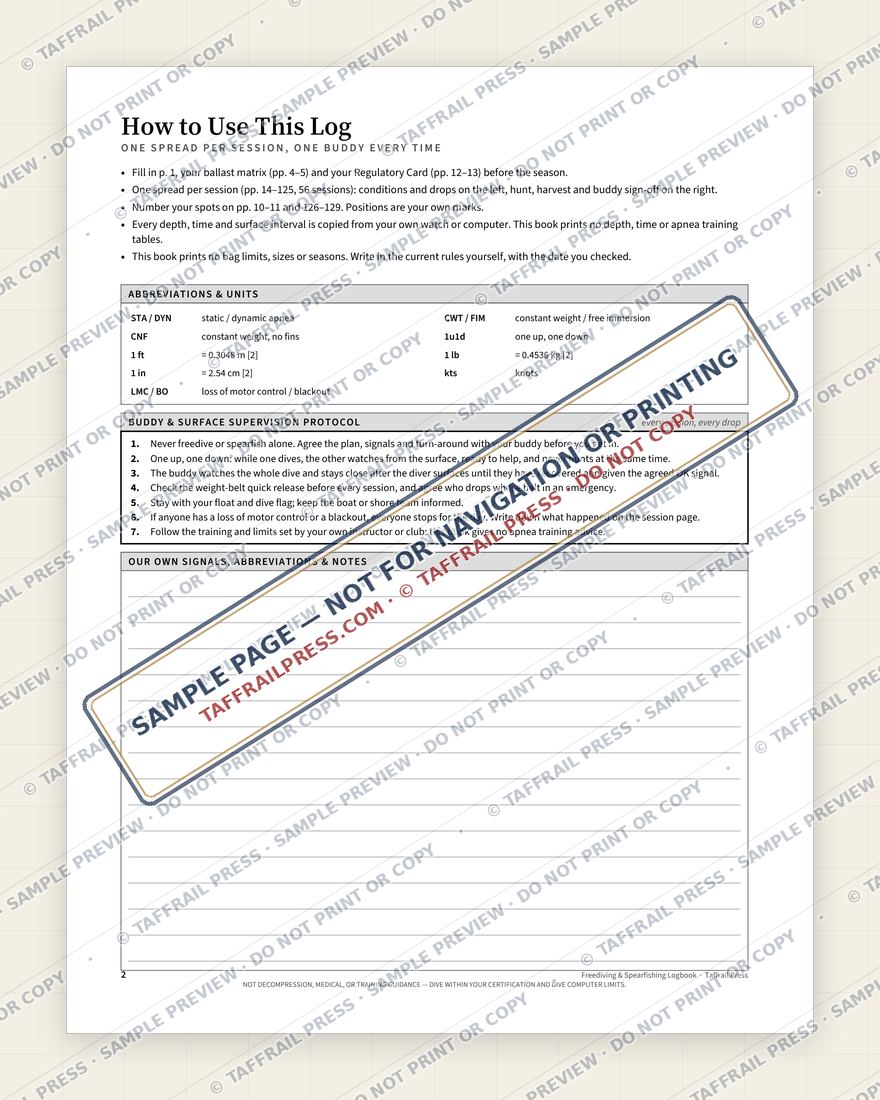 Freediving & Spearfishing Logbook — Interior preview 2: Regional overview map & contents (watermarked sample)
