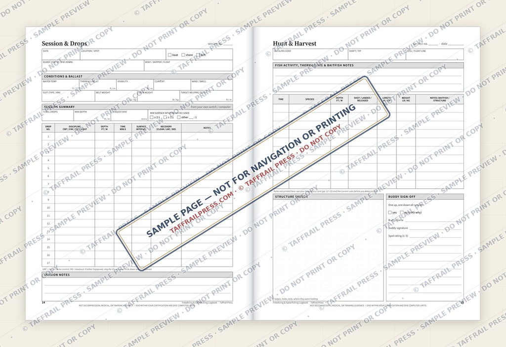 Freediving & Spearfishing Logbook — Interior preview 4: Two-page open log spread (watermarked sample)