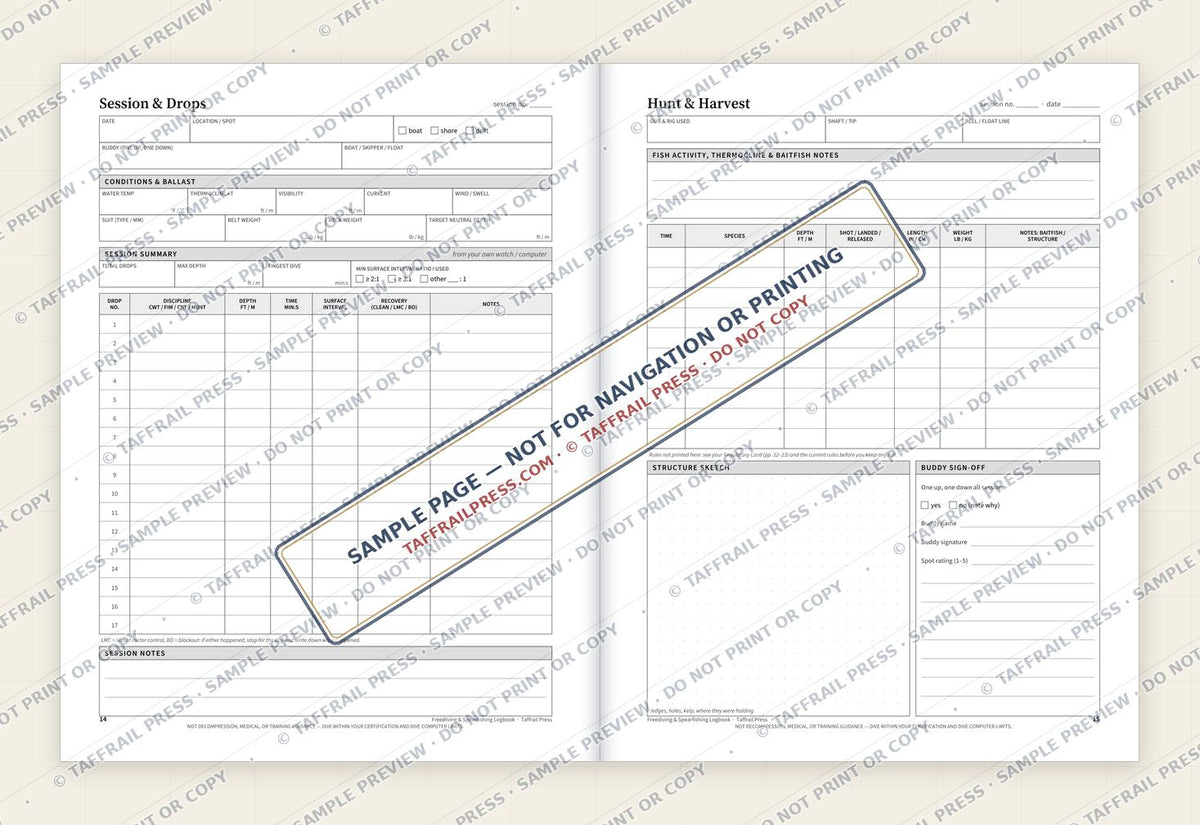 Freediving & Spearfishing Logbook — Interior preview 4: Two-page open log spread (watermarked sample)