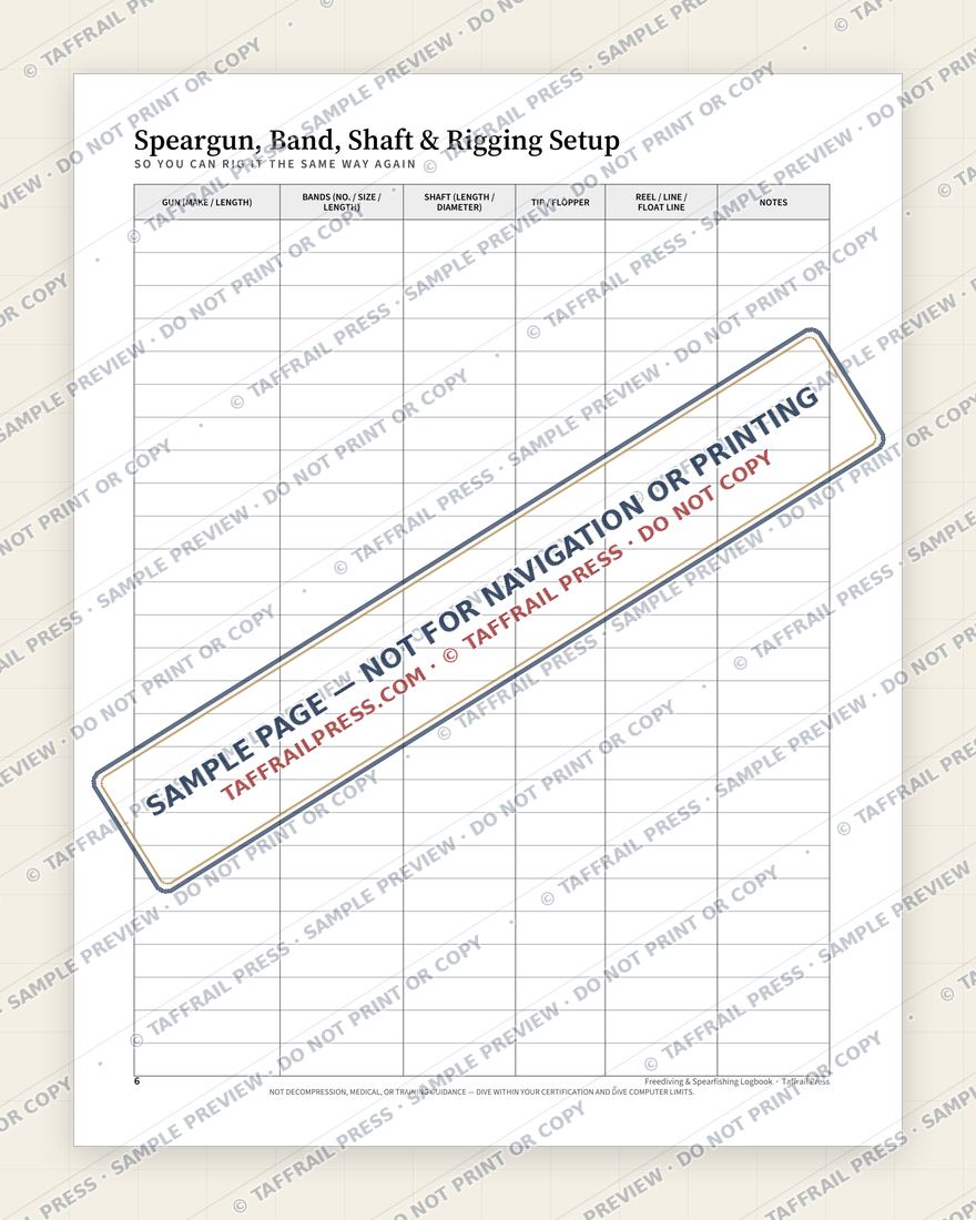 Freediving & Spearfishing Logbook — Interior preview 5: Checklists, readiness & planning (watermarked sample)