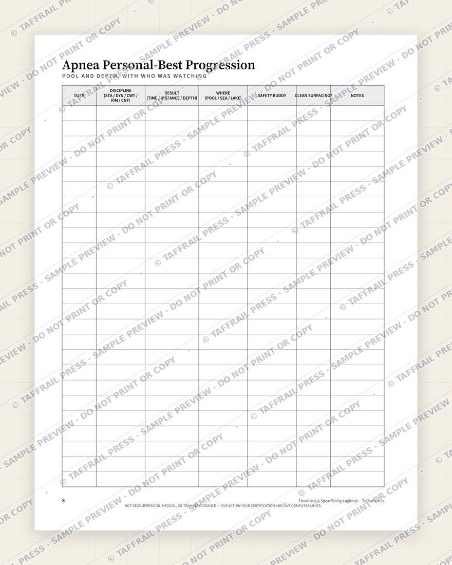 Freediving & Spearfishing Logbook — Interior preview 6: Regional reference tables & directory (watermarked sample)