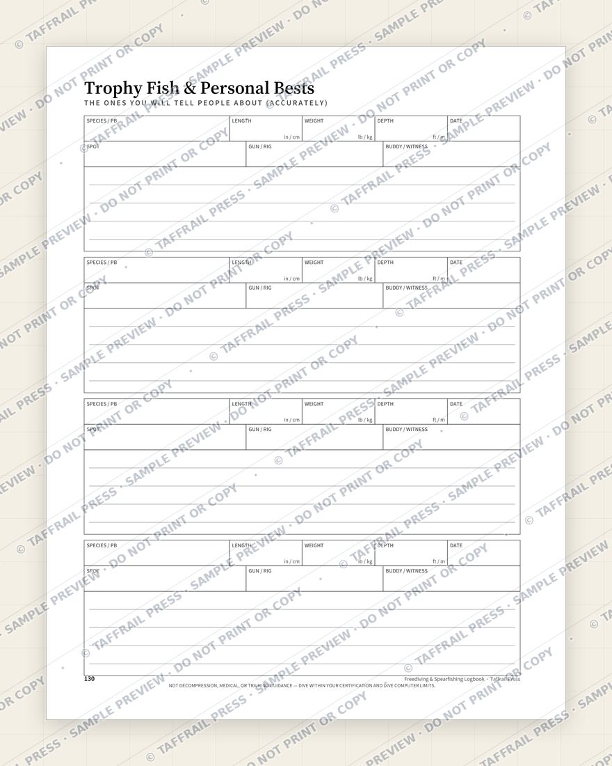 Freediving & Spearfishing Logbook — Interior preview 7: Season summary & totals (watermarked sample)