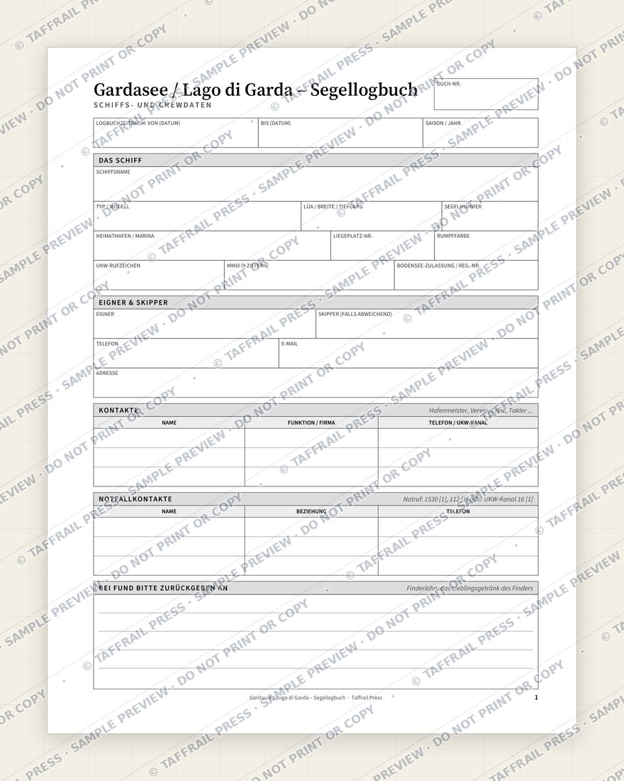 Gardasee / Lago di Garda – Segellogbuch — Interior preview 1: Vessel & crew particulars (watermarked sample)