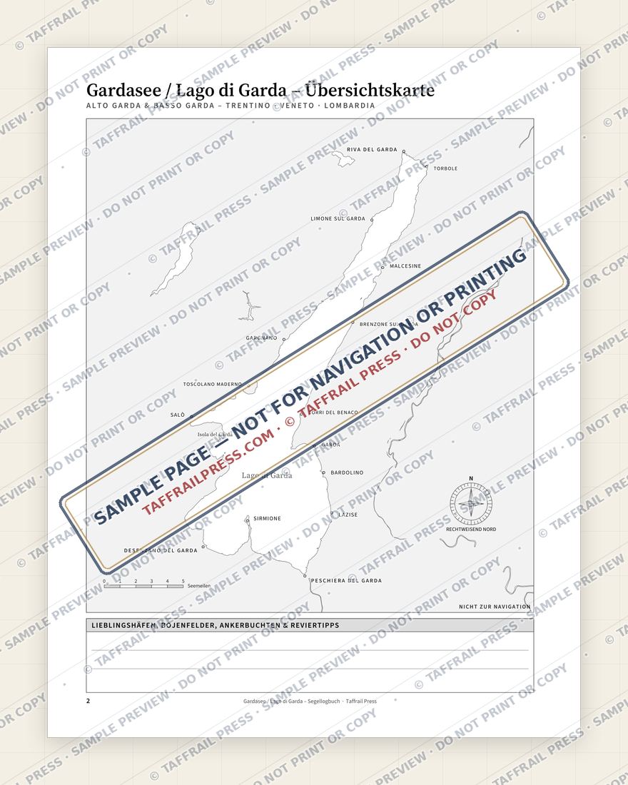 Gardasee / Lago di Garda – Segellogbuch — Interior preview 2: Regional overview map & contents (watermarked sample)