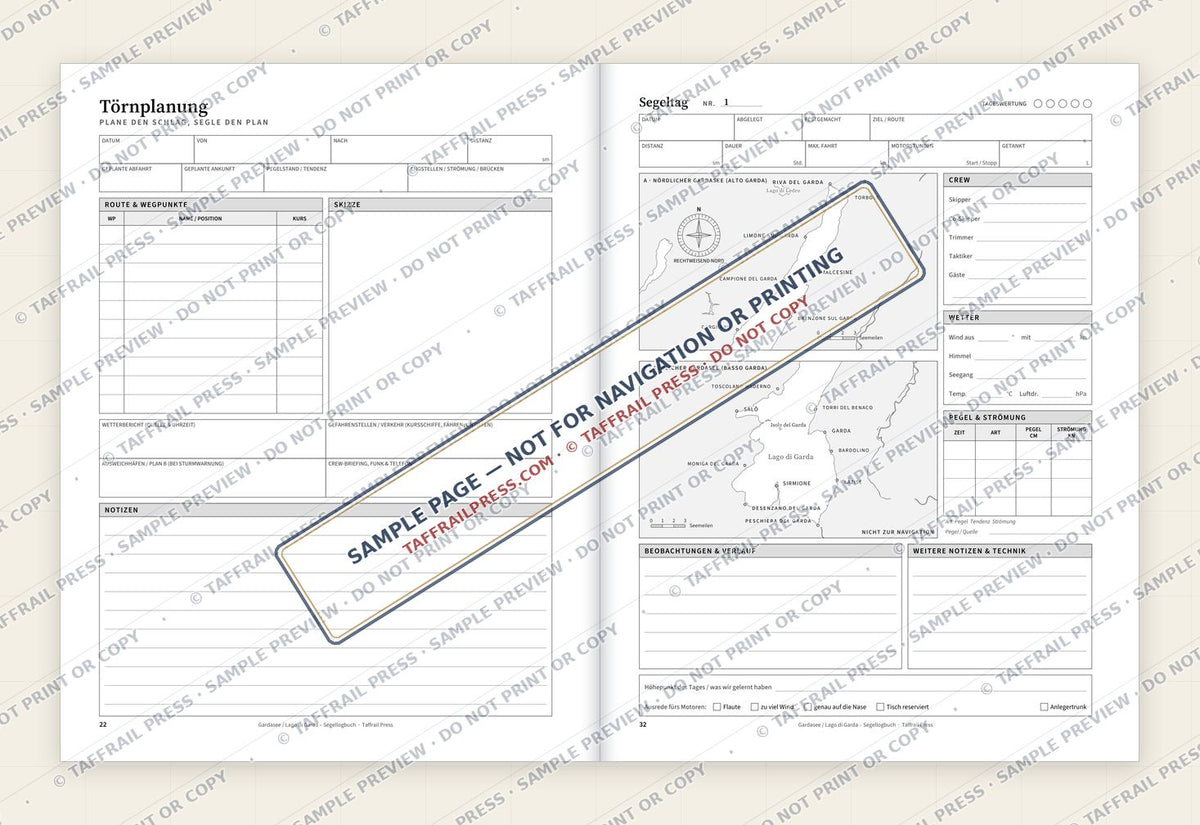 Gardasee / Lago di Garda – Segellogbuch — Interior preview 4: Two-page open log spread (watermarked sample)
