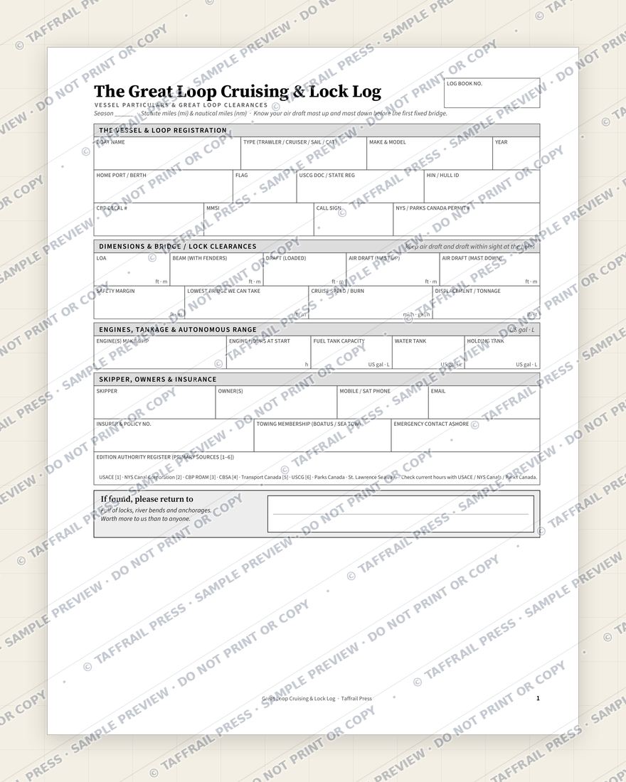 The Great Loop Cruising & Lock Log — Interior preview 1: Vessel & crew particulars (watermarked sample)