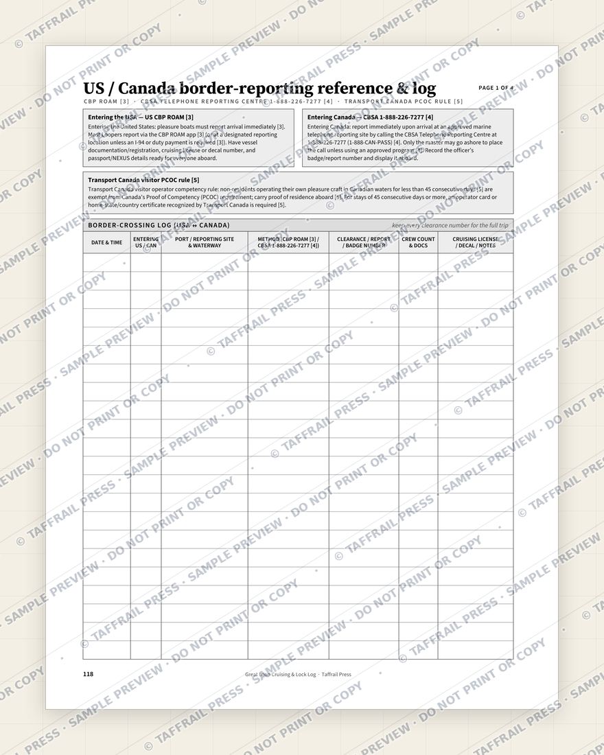 The Great Loop Cruising & Lock Log — Interior preview 6: Regional reference tables & directory (watermarked sample)