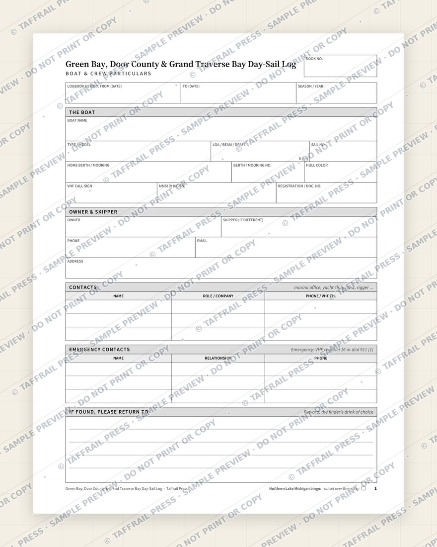 Green Bay, Door County & Grand Traverse Bay Day-Sail Log — Interior preview 1: Vessel & crew particulars (watermarked sample)
