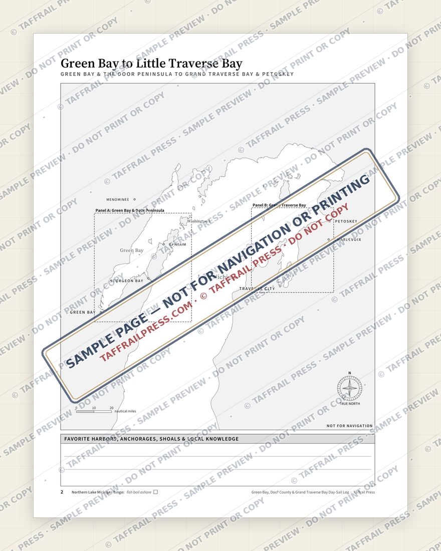 Green Bay, Door County & Grand Traverse Bay Day-Sail Log — Interior preview 2: Regional overview map & contents (watermarked sample)