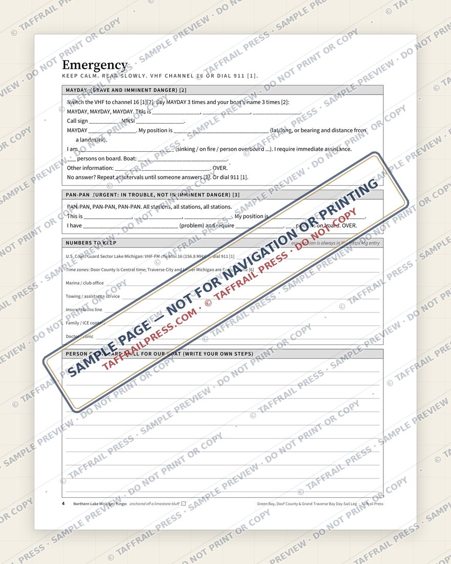 Green Bay, Door County & Grand Traverse Bay Day-Sail Log — Interior preview 3: Safety, emergency & pre-departure (watermarked sample)