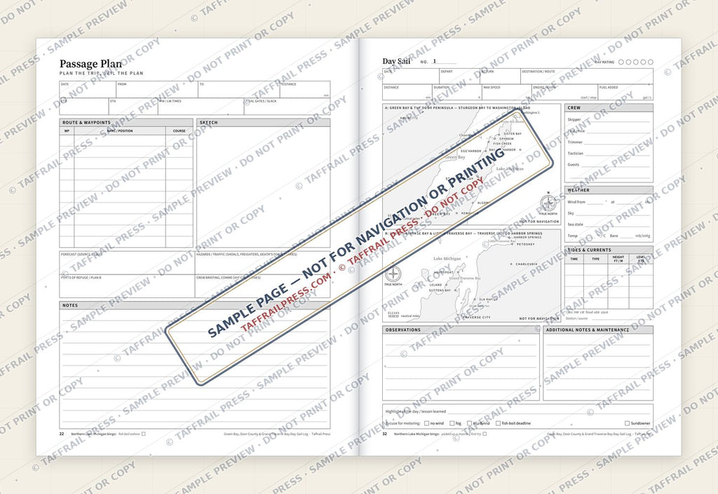 Green Bay, Door County & Grand Traverse Bay Day-Sail Log — Interior preview 4: Two-page open log spread (watermarked sample)