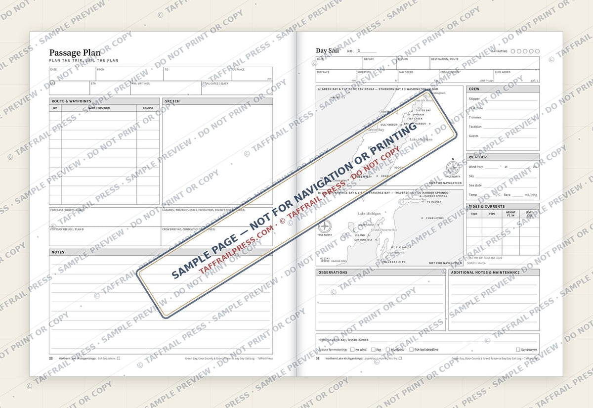 Green Bay, Door County & Grand Traverse Bay Day-Sail Log — Interior preview 4: Two-page open log spread (watermarked sample)