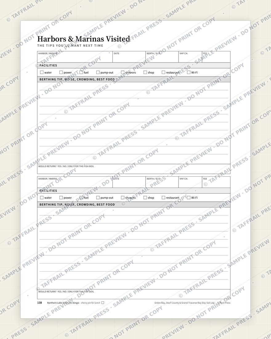 Green Bay, Door County & Grand Traverse Bay Day-Sail Log — Interior preview 6: Regional reference tables & directory (watermarked sample)