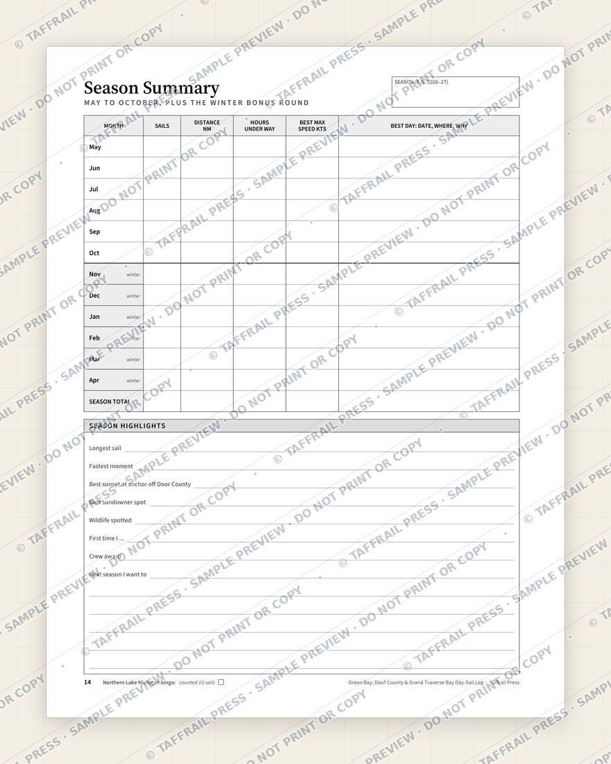 Green Bay, Door County & Grand Traverse Bay Day-Sail Log — Interior preview 7: Season summary & totals (watermarked sample)