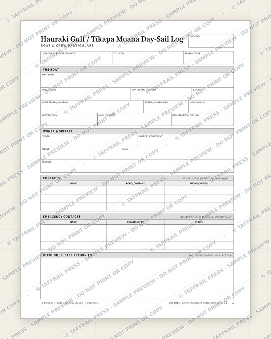 Hauraki Gulf / Tīkapa Moana Day-Sail Log — Interior preview 1: Vessel & crew particulars (watermarked sample)