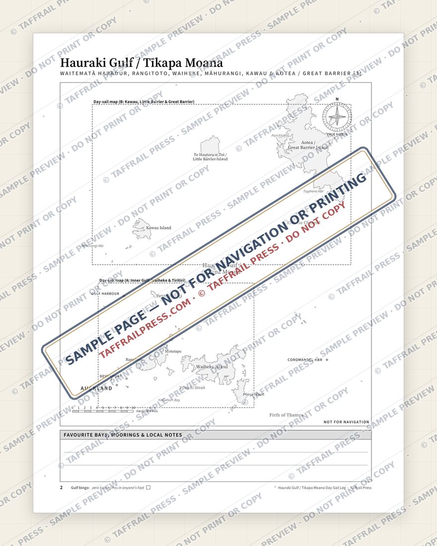 Hauraki Gulf / Tīkapa Moana Day-Sail Log — Interior preview 2: Regional overview map & contents (watermarked sample)