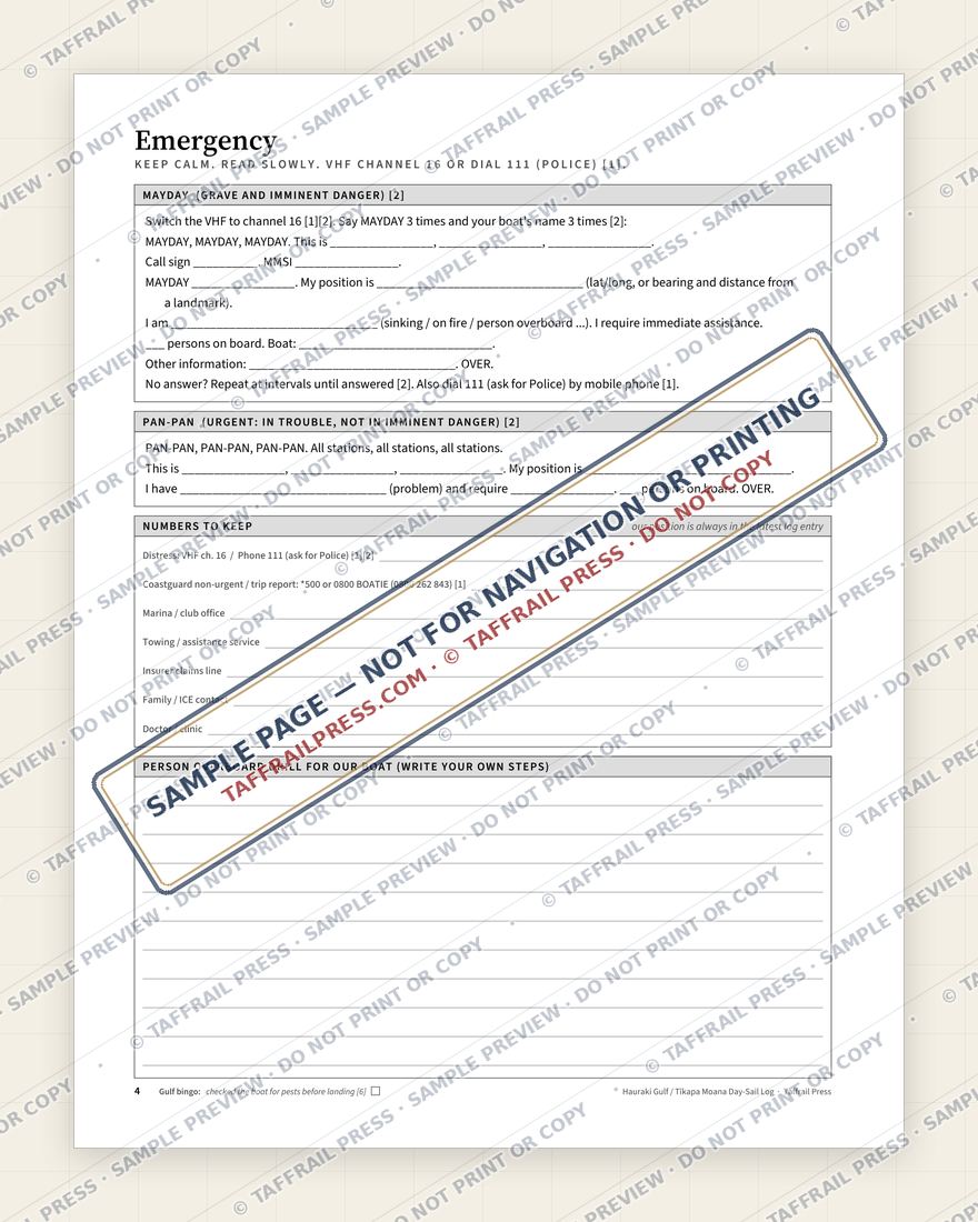 Hauraki Gulf / Tīkapa Moana Day-Sail Log — Interior preview 3: Safety, emergency & pre-departure (watermarked sample)