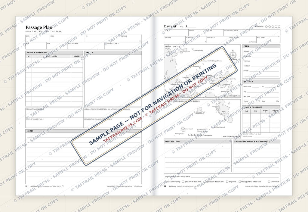 Hauraki Gulf / Tīkapa Moana Day-Sail Log — Interior preview 4: Two-page open log spread (watermarked sample)