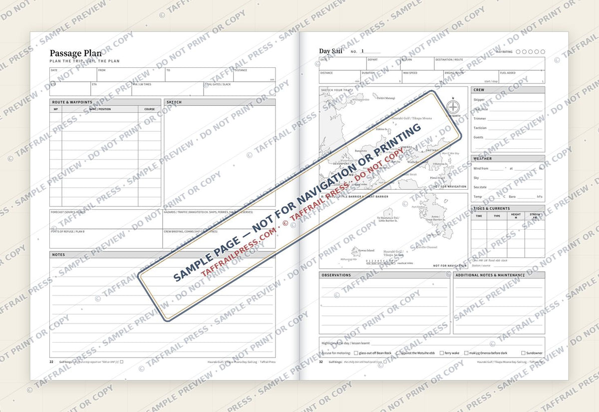 Hauraki Gulf / Tīkapa Moana Day-Sail Log — Interior preview 4: Two-page open log spread (watermarked sample)
