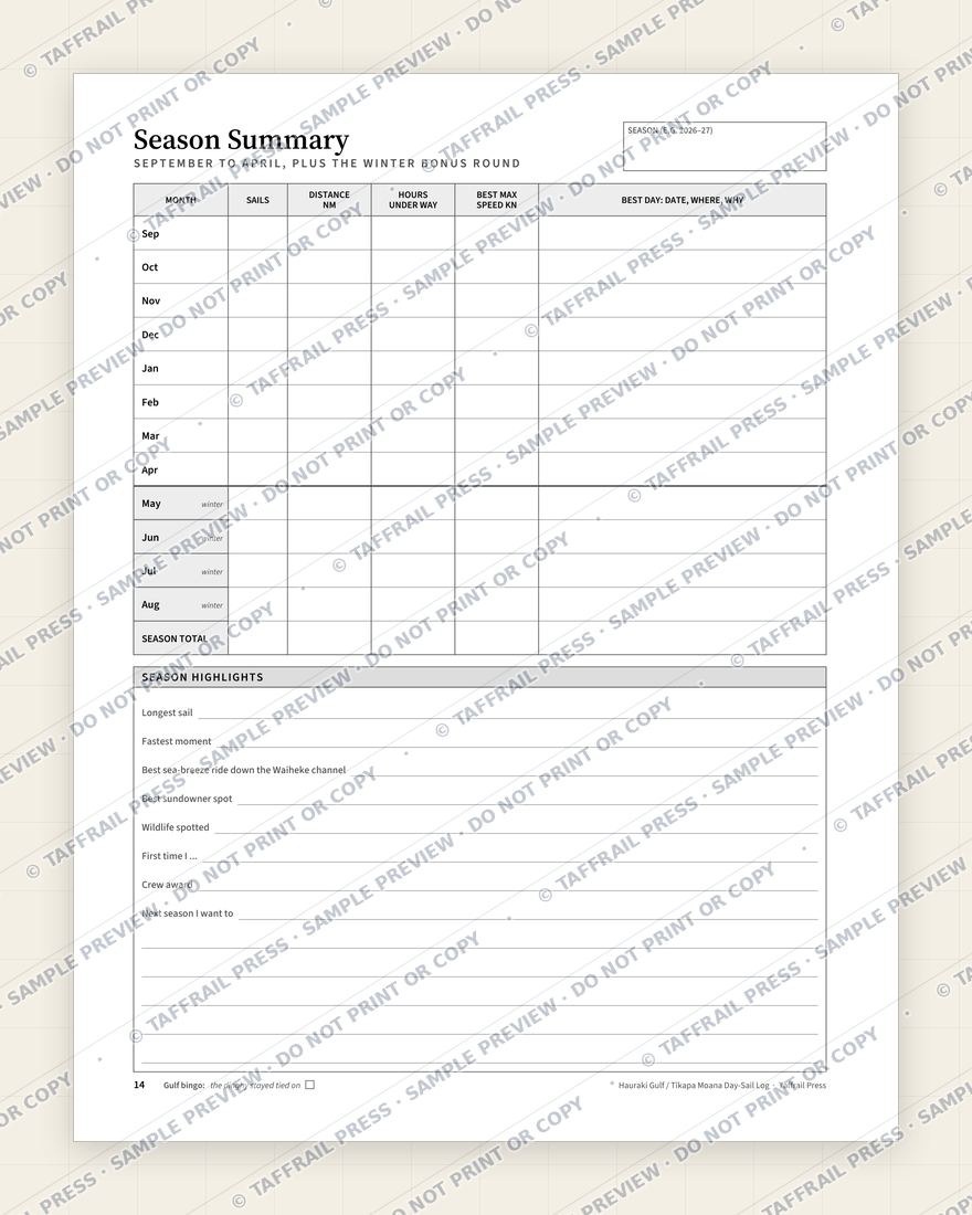 Hauraki Gulf / Tīkapa Moana Day-Sail Log — Interior preview 7: Season summary & totals (watermarked sample)