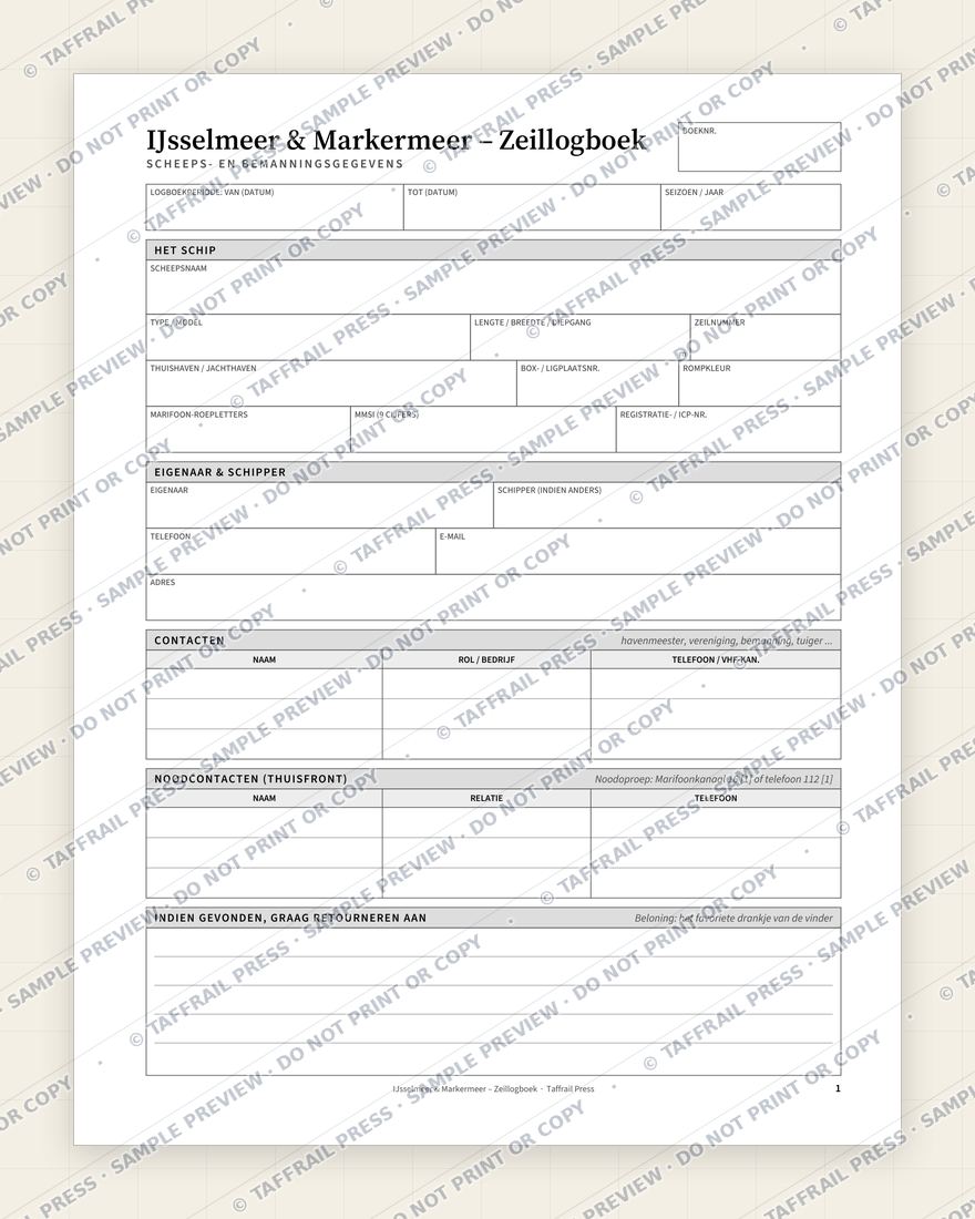 IJsselmeer & Markermeer – Zeillogboek — Interior preview 1: Vessel & crew particulars (watermarked sample)