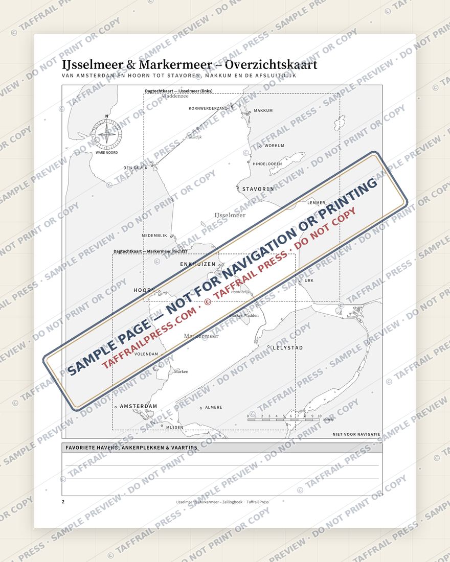 IJsselmeer & Markermeer – Zeillogboek — Interior preview 2: Regional overview map & contents (watermarked sample)