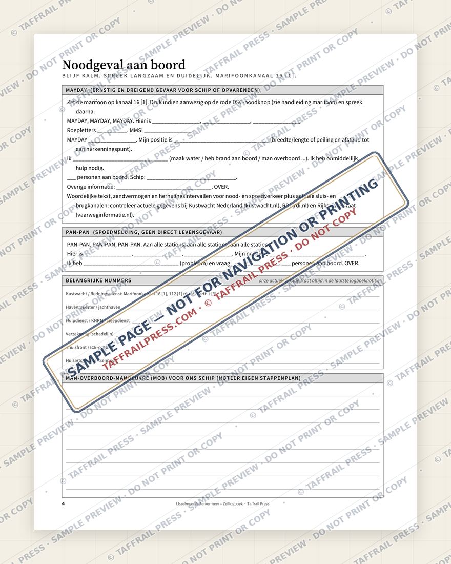 IJsselmeer & Markermeer – Zeillogboek — Interior preview 3: Safety, emergency & pre-departure (watermarked sample)