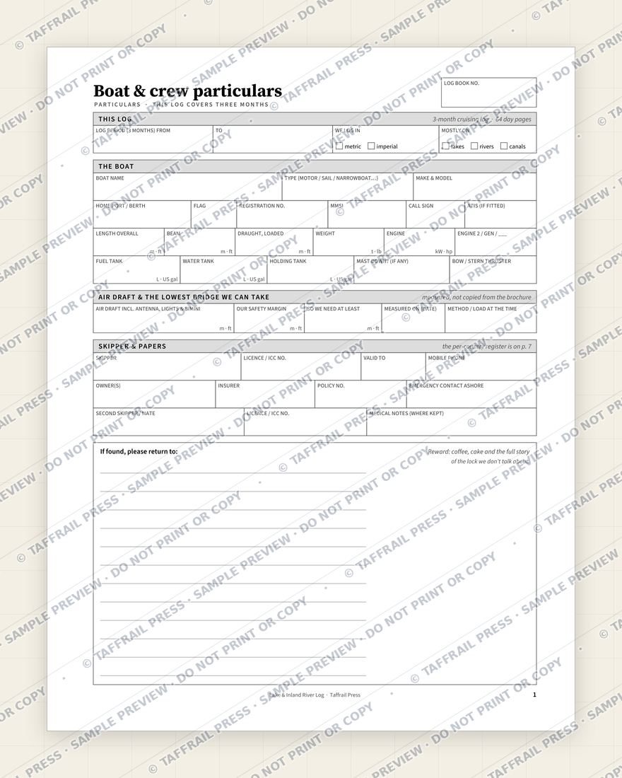 Lake & Inland River Log — Interior preview 1: Vessel & crew particulars (watermarked sample)