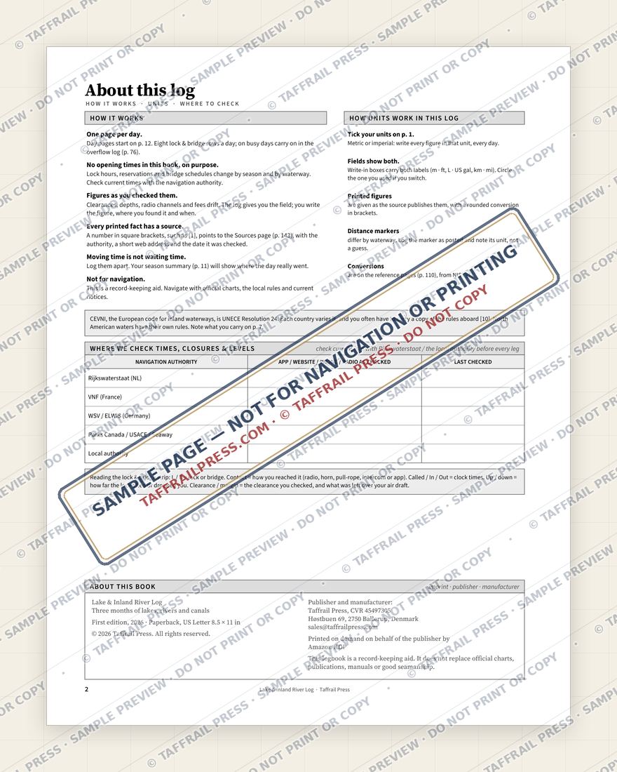 Lake & Inland River Log — Interior preview 2: Regional overview map & contents (watermarked sample)