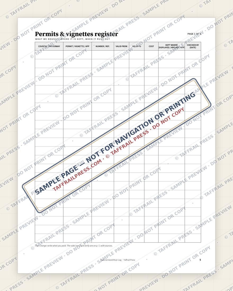 Lake & Inland River Log — Interior preview 3: Safety, emergency & pre-departure (watermarked sample)
