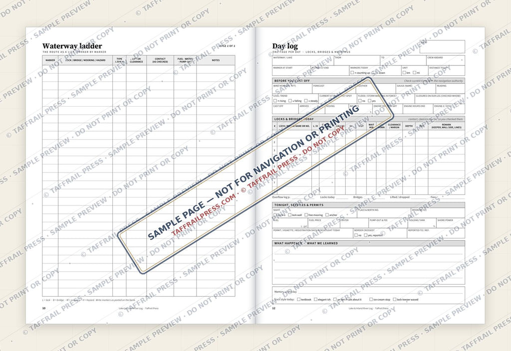 Lake & Inland River Log — Interior preview 4: Two-page open log spread (watermarked sample)