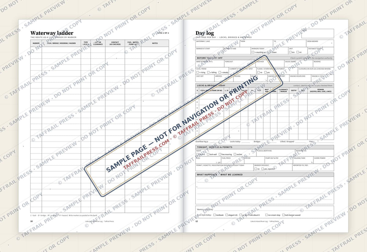Lake & Inland River Log — Interior preview 4: Two-page open log spread (watermarked sample)