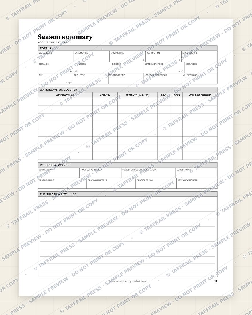 Lake & Inland River Log — Interior preview 7: Season summary & totals (watermarked sample)
